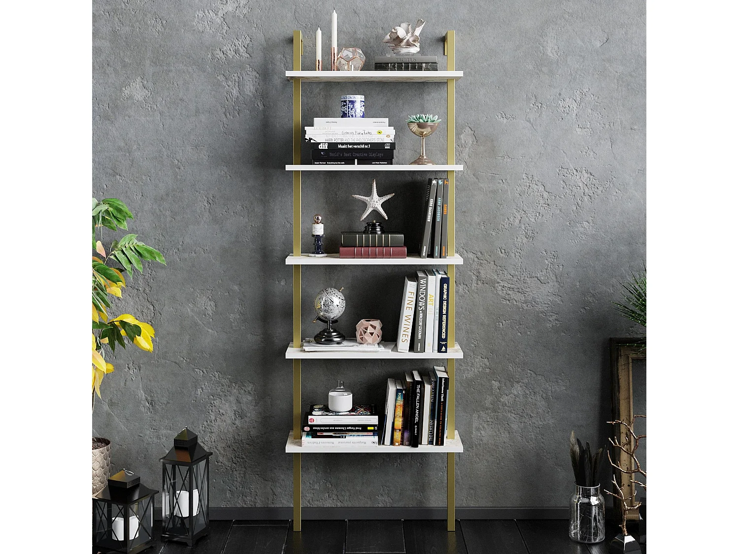 Étagère murale Zitron 5 tablettes Bois Effet marbre Blanc et Métal Or