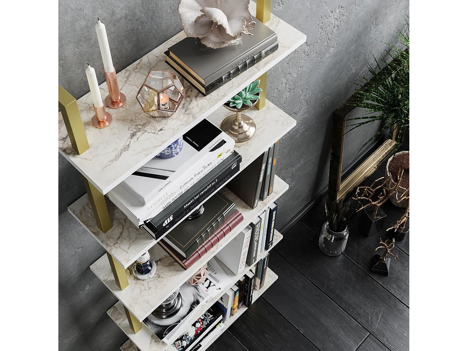 Étagère murale Zitron 5 tablettes Bois Effet marbre Blanc et Métal Or