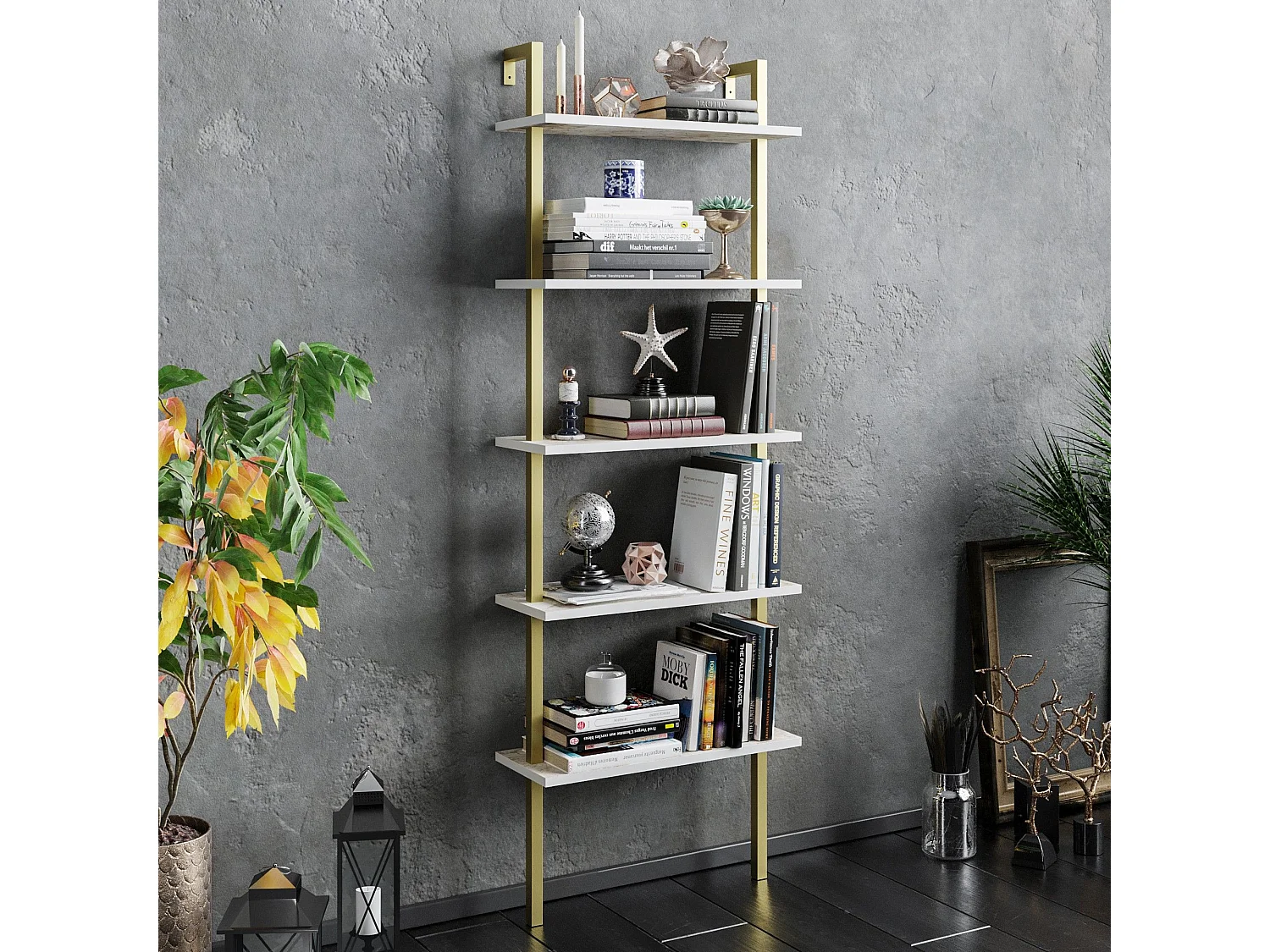 Étagère murale Zitron 5 tablettes Bois Effet marbre Blanc et Métal Or