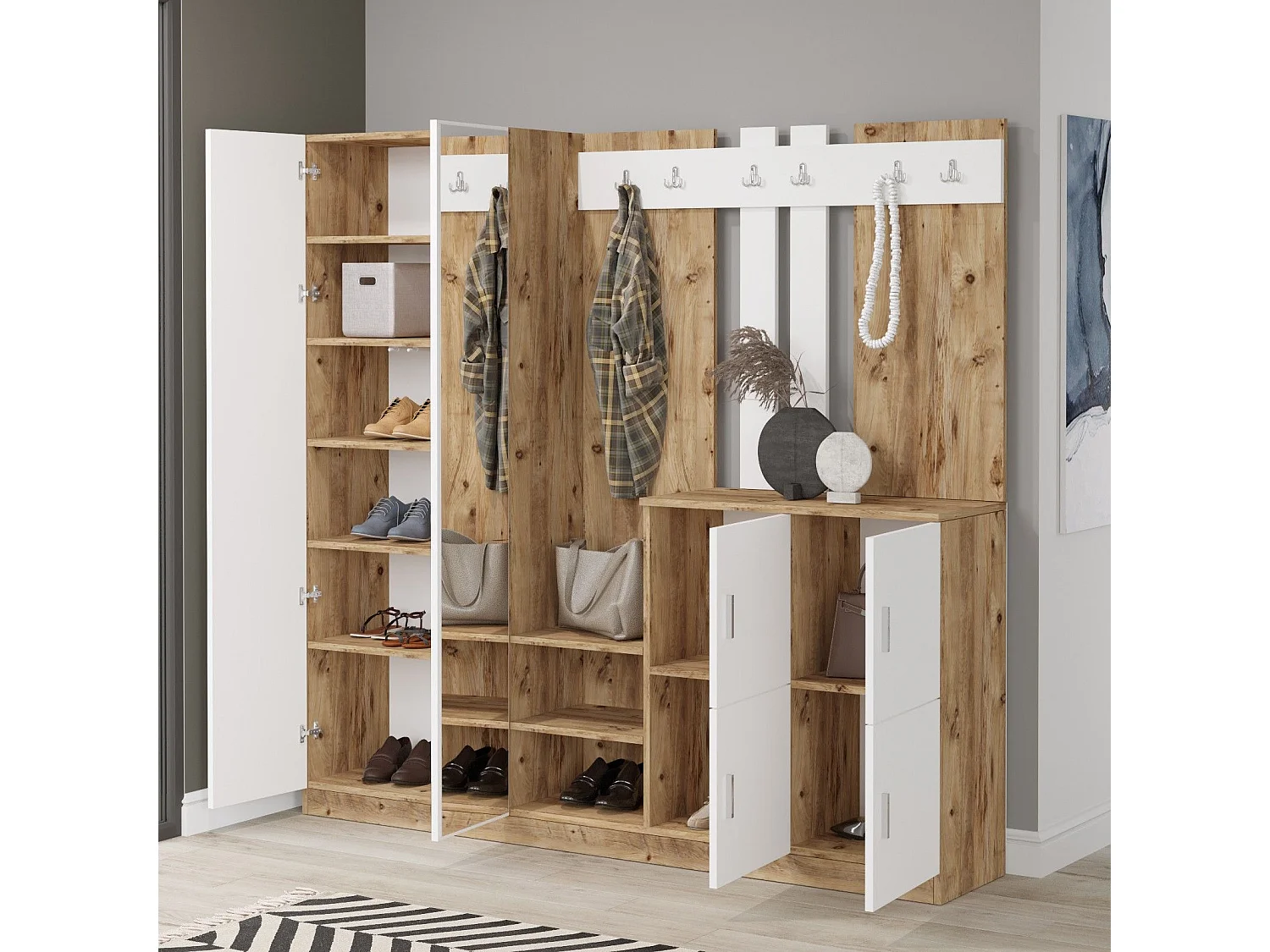 Conjunto pasillo Kailua 525, 180x187x35cm, Espejo, Pino|Blanco, Aglomerado laminado