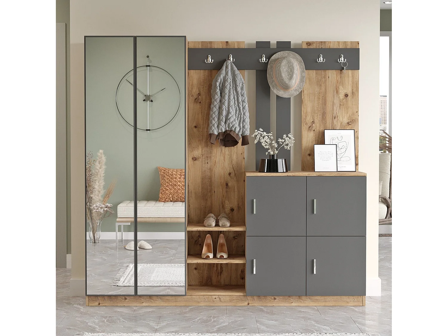 Meuble d'entrée avec miroir Ascelina L187,2xH180cm Bois foncé et Anthracite