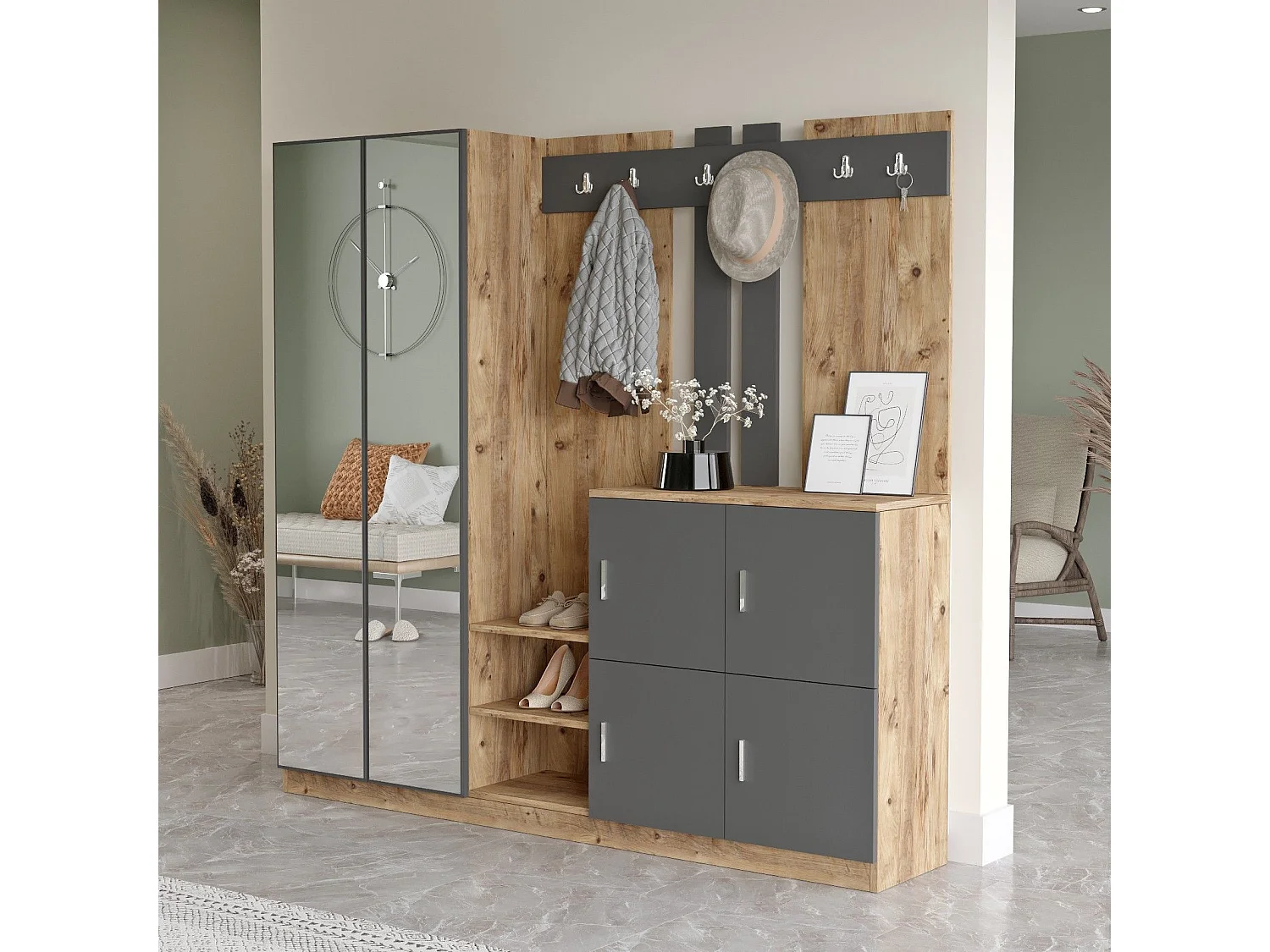 Meuble d'entrée avec miroir Ascelina L187,2xH180cm Bois foncé et Anthracite