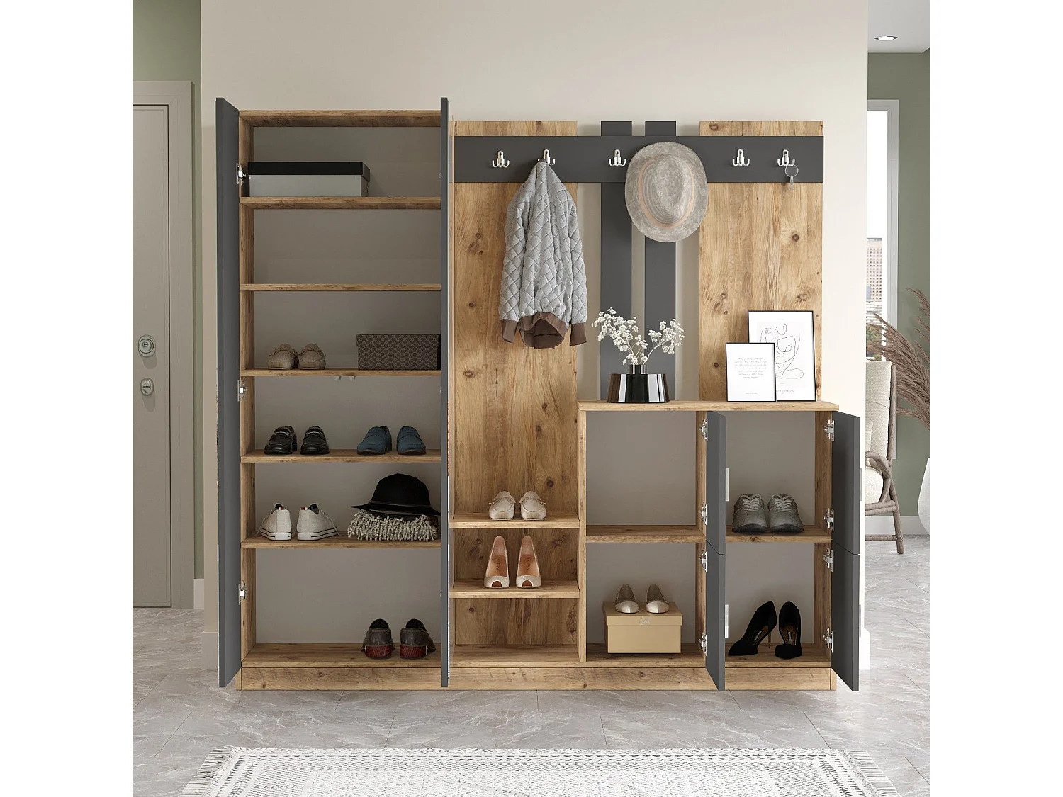 Meuble d'entrée avec miroir Ascelina L187,2xH180cm Bois foncé et Anthracite