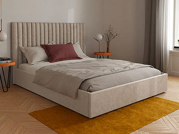 Lit coffre 160 x 200 cm avec tête de lit coutures verticales - Tissu - Taupe - SARAH II