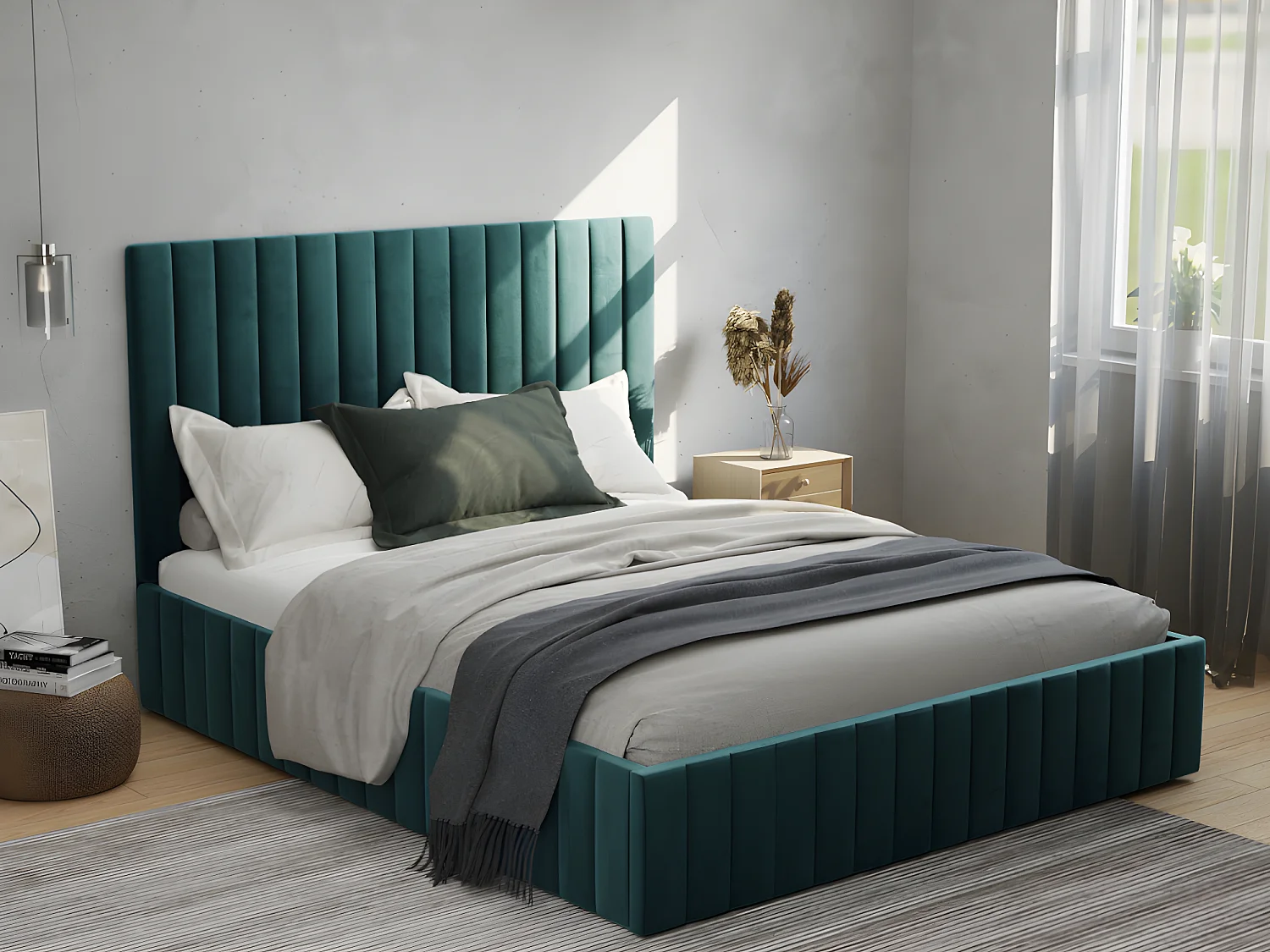 Lit coffre 140 x 190 cm avec tête de lit coutures verticales - Velours - Bleu canard - LARALI II