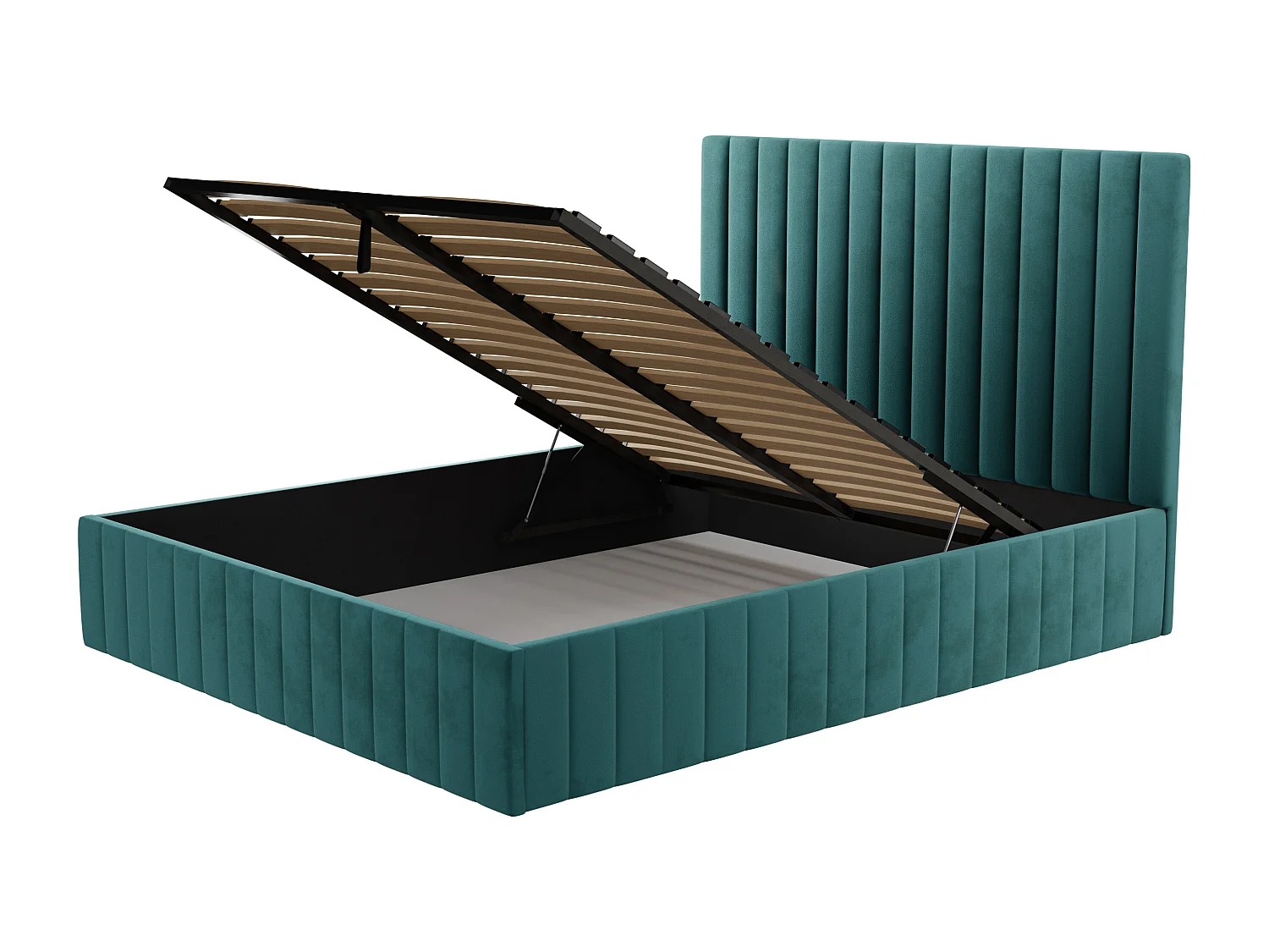 Lit coffre 140 x 190 cm avec tête de lit coutures verticales - Velours - Bleu canard - LARALI II