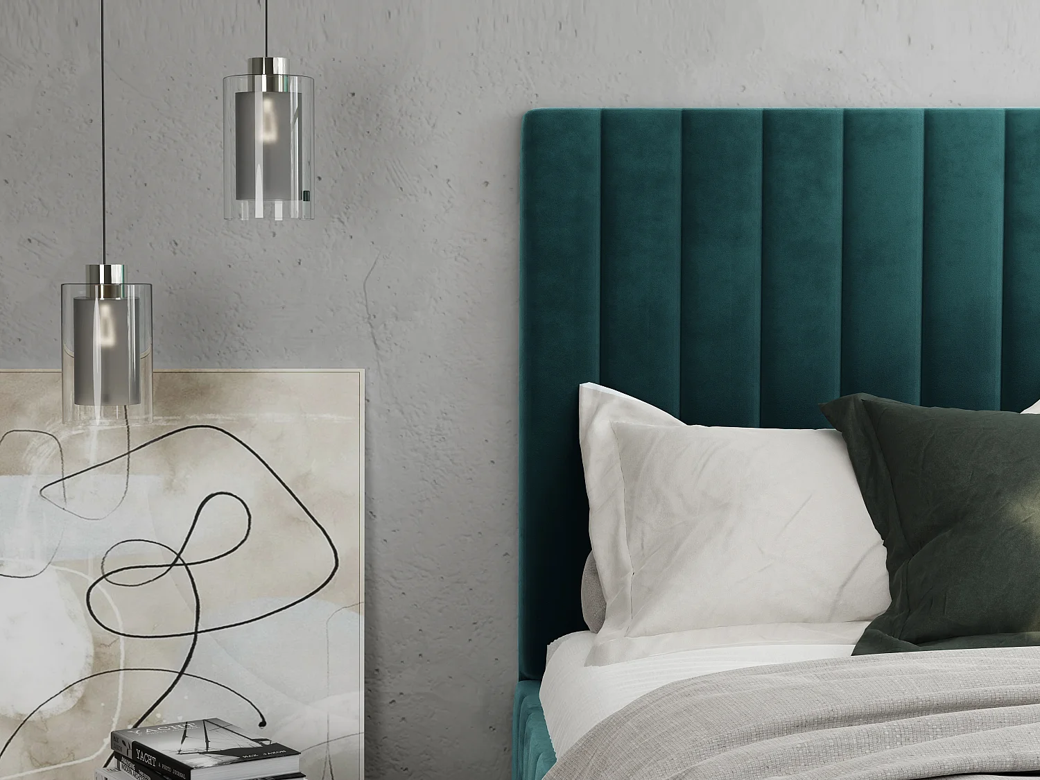 Lit coffre 140 x 190 cm avec tête de lit coutures verticales - Velours - Bleu canard - LARALI II