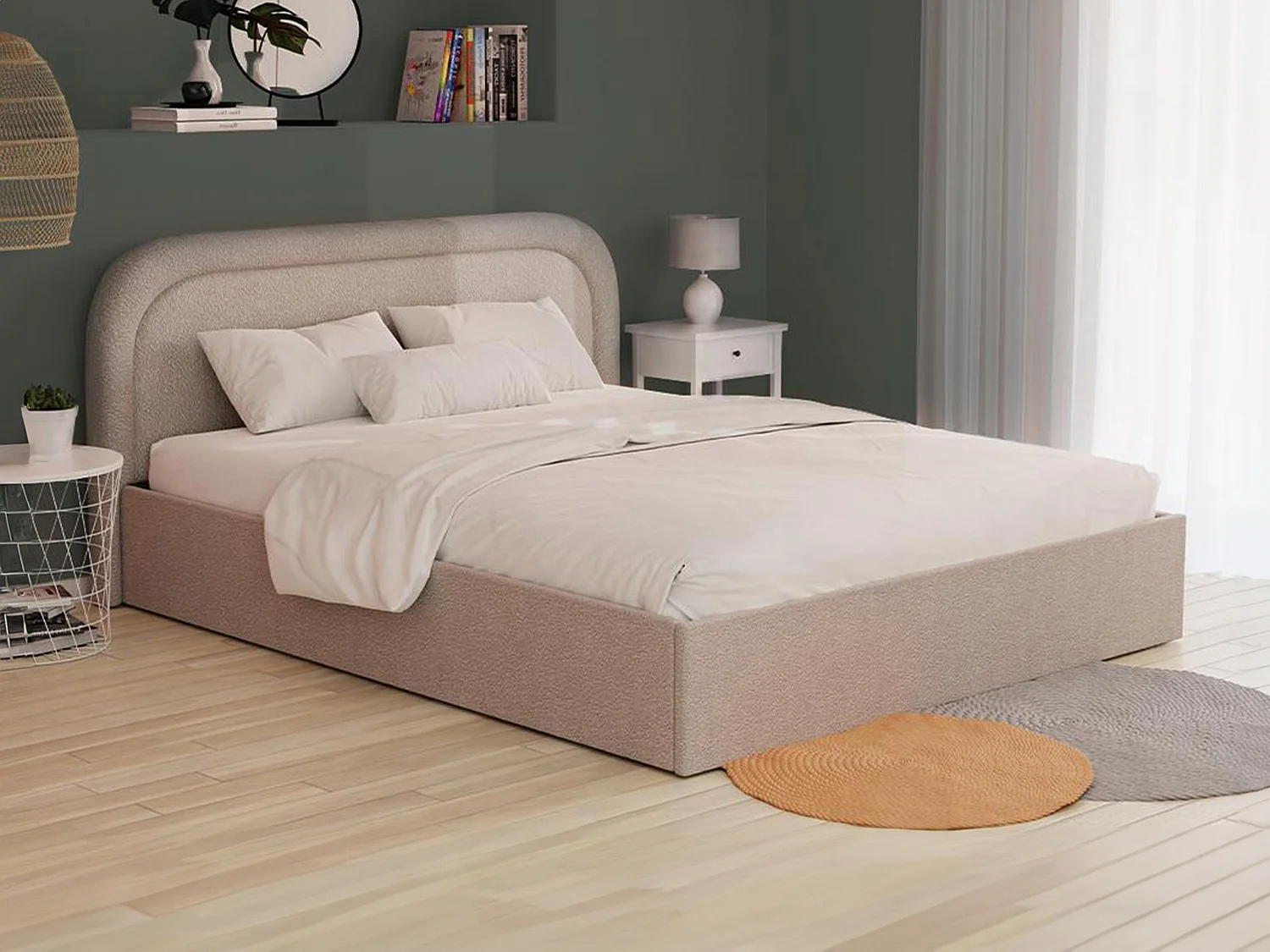 Lit coffre 140 x 190 cm - Tissu bouclette - Beige - FIREZA II