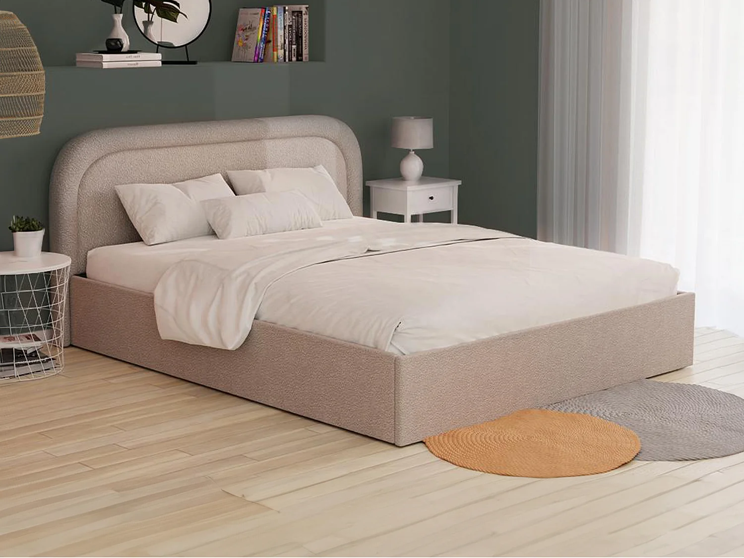 Lit coffre 180 x 200 cm - Tissu bouclette - Beige - FIREZA II