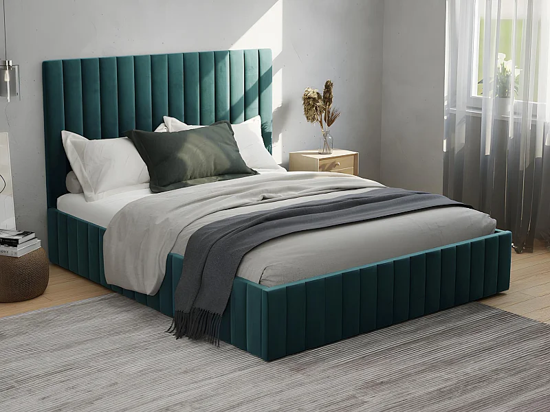 Kofferbed en hoofdbord met verticale stiksels - 180 x 200 cm - Fluweel - Taupe - LARALI II  - van Pascal Morabito