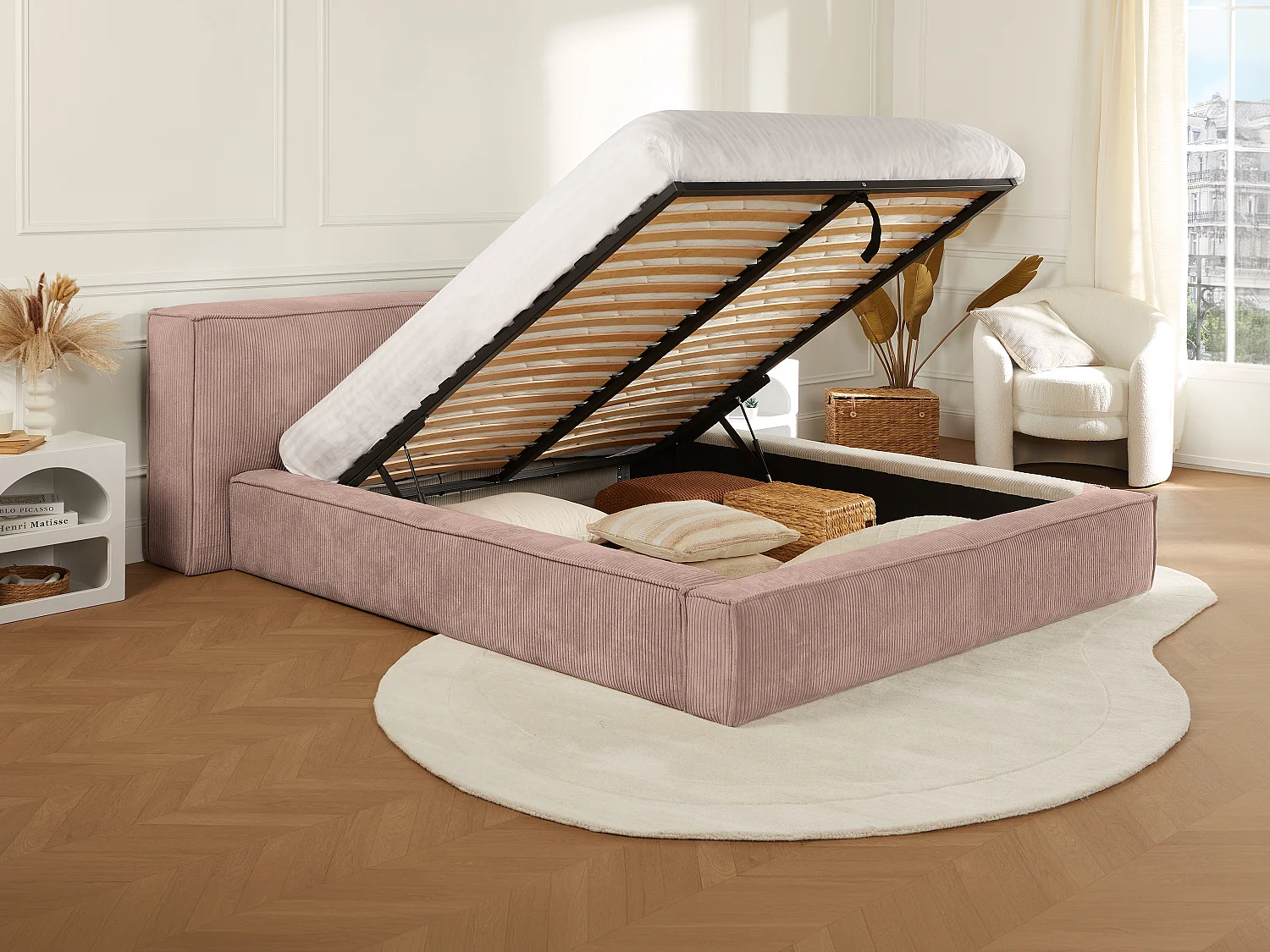 Bed met opbergruimte 180 x 200 cm - Ribfluweel - Roze - TIMANO II van Pascal Morabito