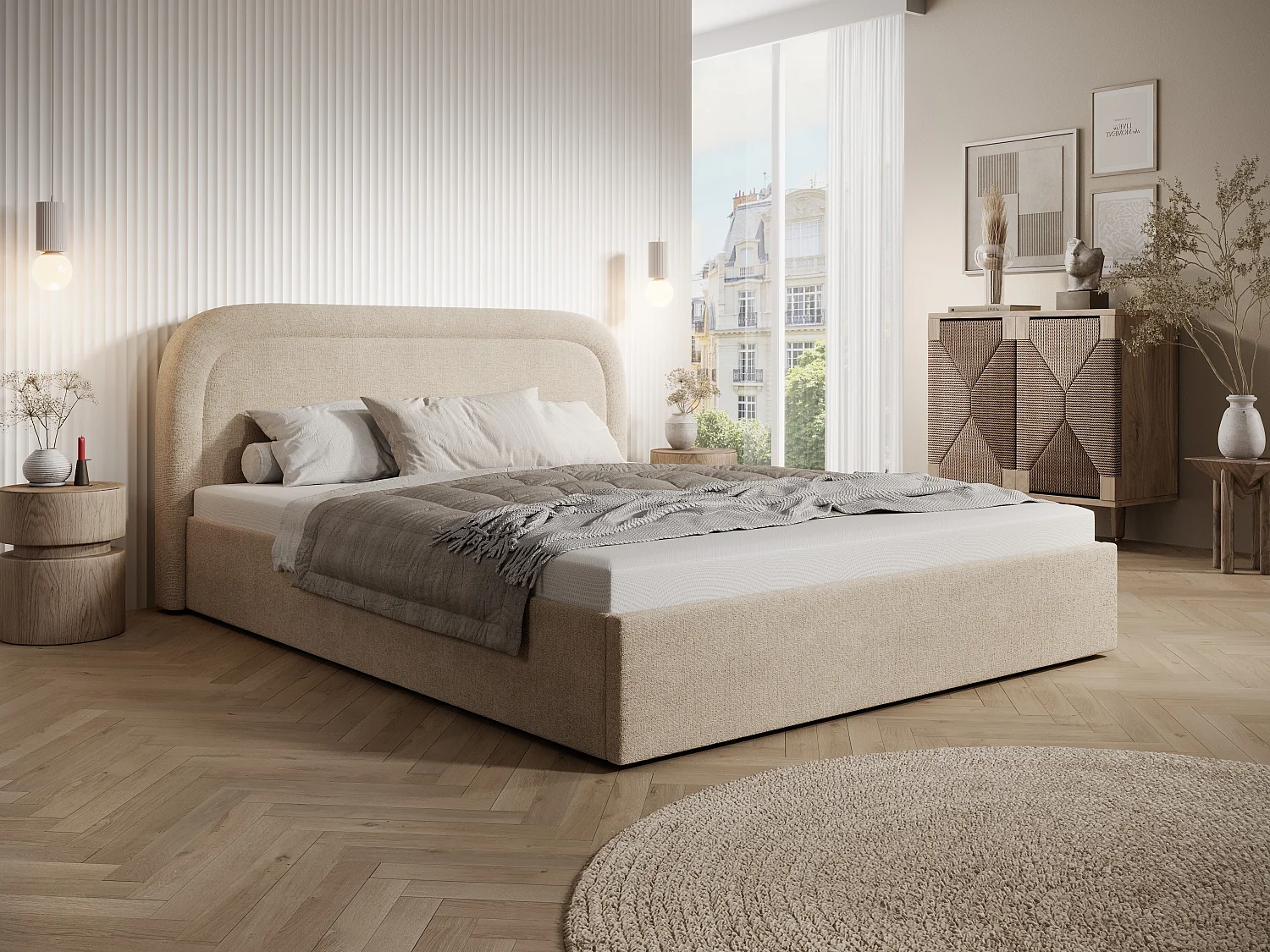 Bett mit Bettkasten - 160 x 200 cm - Melierter Stoff - Beige - FIREZA