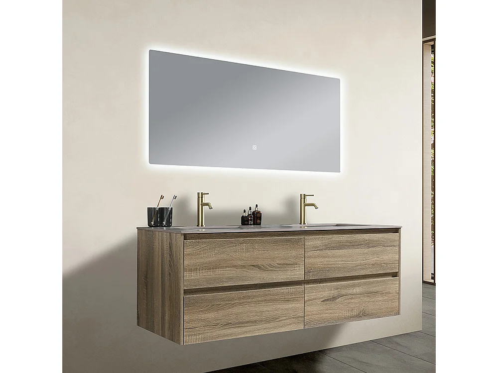 Meuble salle de bain double vasque 120cm bois et effet marbre marron avec miroir LED LB-8475M-120