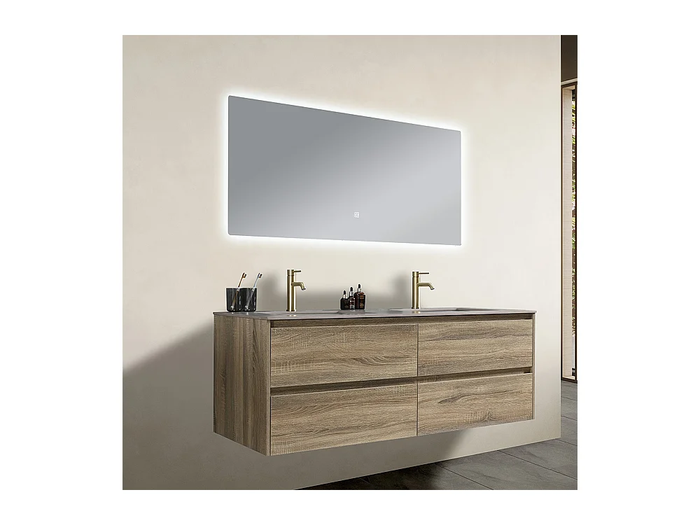 Meuble salle de bain double vasque 120cm bois et effet marbre marron avec miroir LED LB-8475M-120