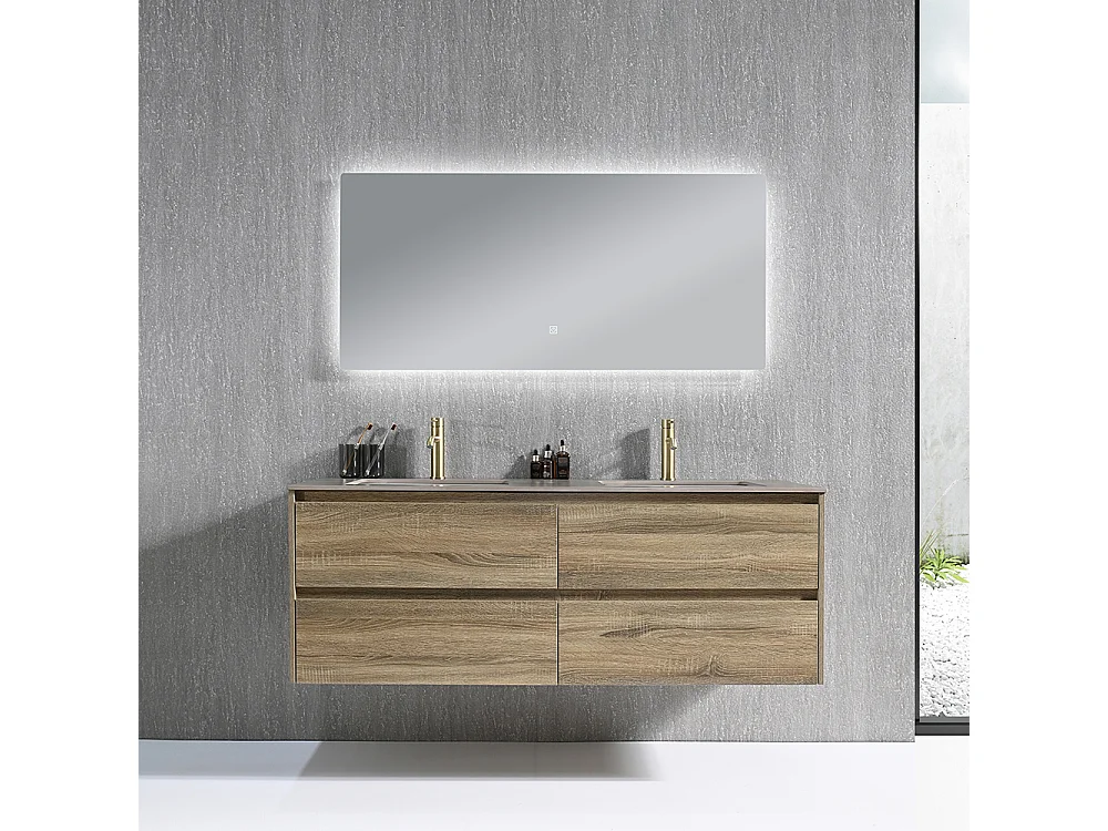Meuble salle de bain double vasque 120cm bois et effet marbre marron avec miroir LED LB-8475M-120