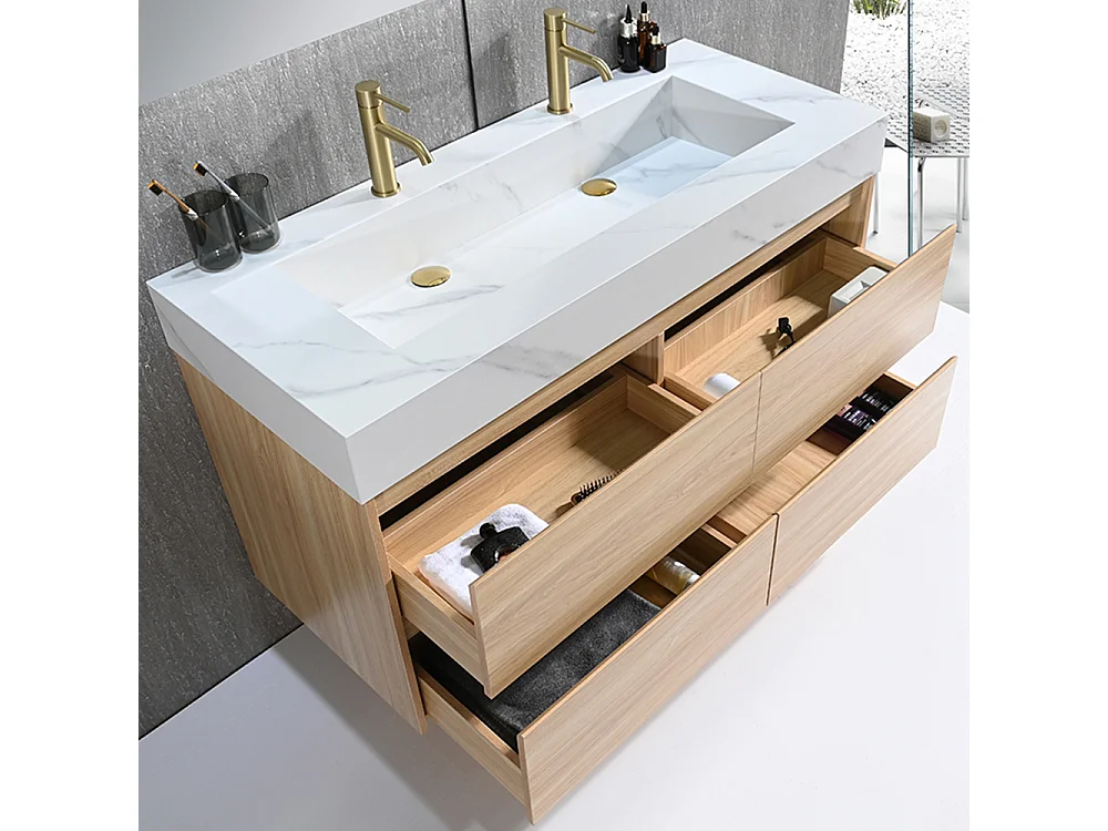 Meuble salle de bain double vasque 120cm bois naturel et effet marbre blanc avec miroir LED LB-8476C-120
