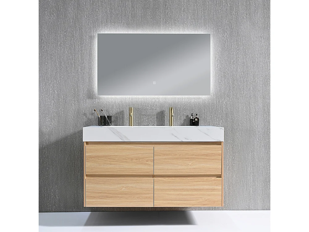 Meuble salle de bain double vasque 120cm bois naturel et effet marbre blanc avec miroir LED LB-8476C-120