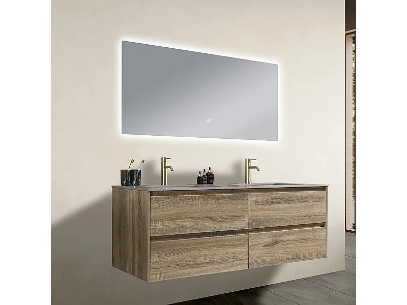 Meuble salle de bain double vasque 140cm bois et effet marbre marron avec miroir LED LB-8475M-140