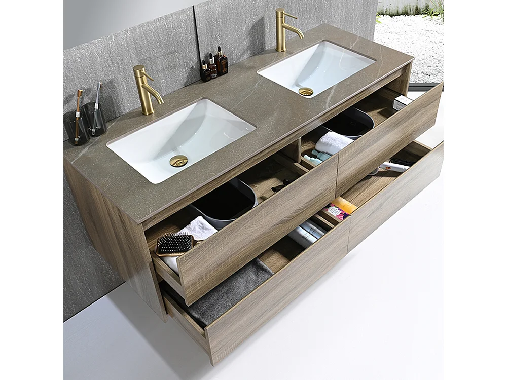 Meuble salle de bain double vasque 140cm bois et effet marbre marron avec miroir LED LB-8475M-140