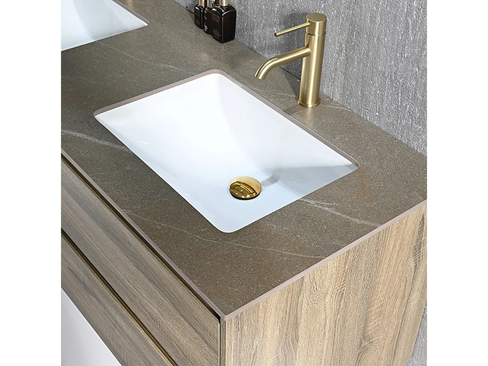 Meuble salle de bain double vasque 140cm bois et effet marbre marron avec miroir LED LB-8475M-140