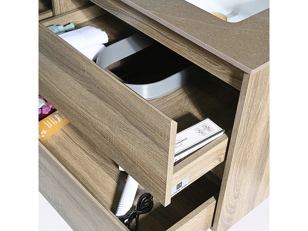 Meuble salle de bain double vasque 140cm bois et effet marbre marron avec miroir LED LB-8475M-140