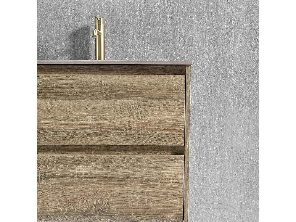 Meuble salle de bain double vasque 140cm bois et effet marbre marron avec miroir LED LB-8475M-140