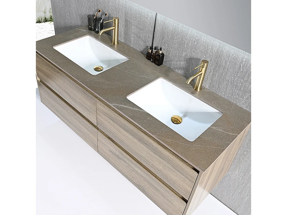 Meuble salle de bain double vasque 140cm bois et effet marbre marron avec miroir LED LB-8475M-140