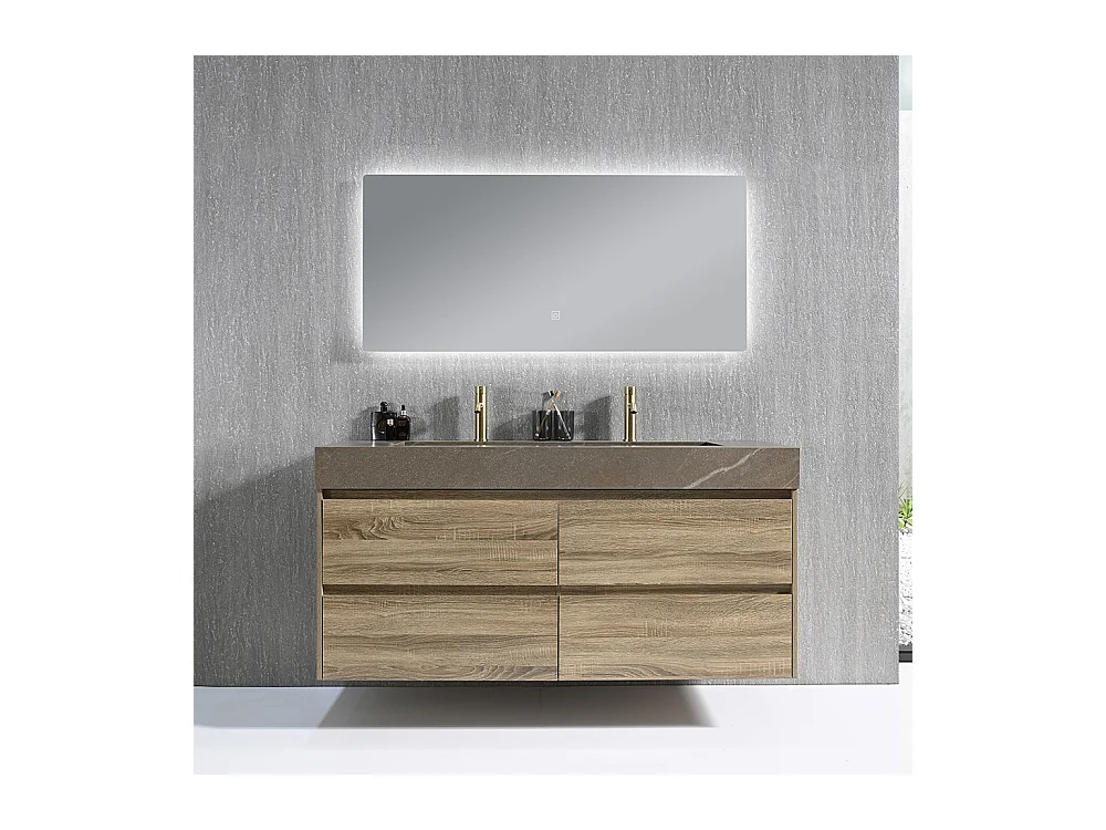 Meuble salle de bain double vasque 140cm bois et effet marbre marron avec miroir LED LB-8476M-140