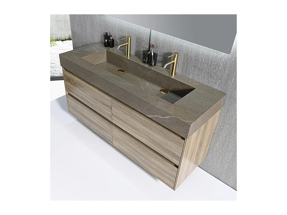 Meuble salle de bain double vasque 140cm bois et effet marbre marron avec miroir LED LB-8476M-140