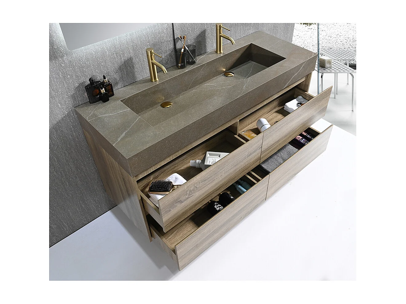 Meuble salle de bain double vasque 140cm bois et effet marbre marron avec miroir LED LB-8476M-140