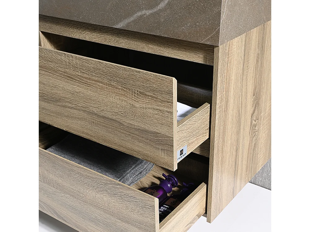 Meuble salle de bain double vasque 140cm bois et effet marbre marron avec miroir LED LB-8476M-140