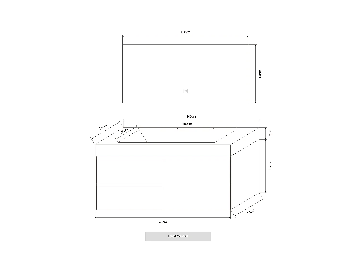 Meuble salle de bain double vasque 140cm bois et effet marbre marron avec miroir LED LB-8476M-140