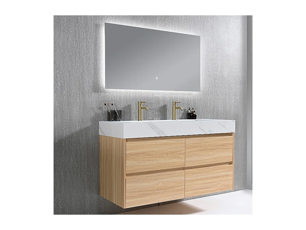 Meuble salle de bain double vasque 140cm bois naturel et effet marbre blanc avec miroir LED LB-8476C-140