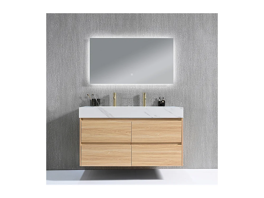 Meuble salle de bain double vasque 140cm bois naturel et effet marbre blanc avec miroir LED LB-8476C-140