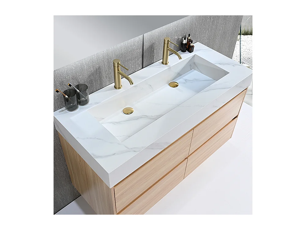 Meuble salle de bain double vasque 140cm bois naturel et effet marbre blanc avec miroir LED LB-8476C-140