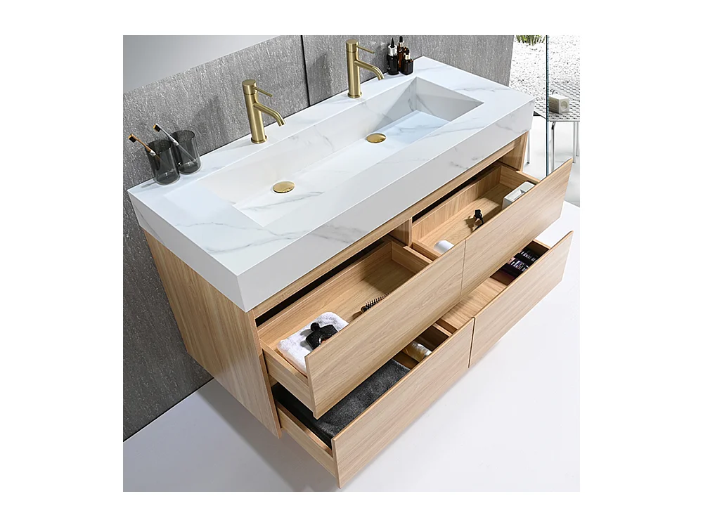 Meuble salle de bain double vasque 140cm bois naturel et effet marbre blanc avec miroir LED LB-8476C-140