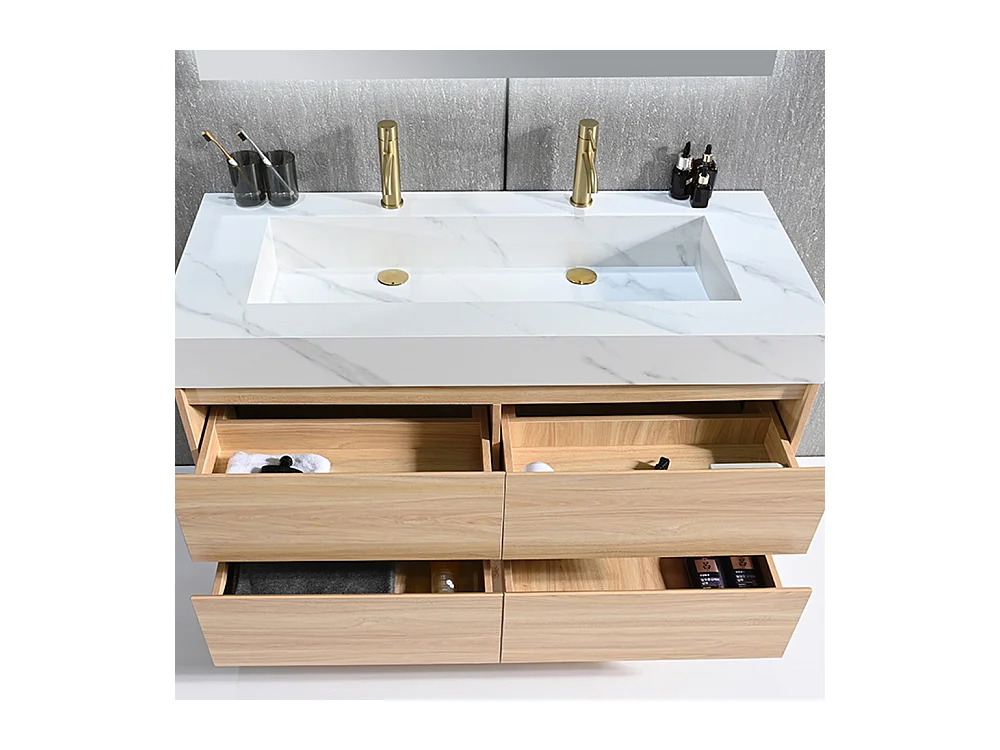 Meuble salle de bain double vasque 140cm bois naturel et effet marbre blanc avec miroir LED LB-8476C-140