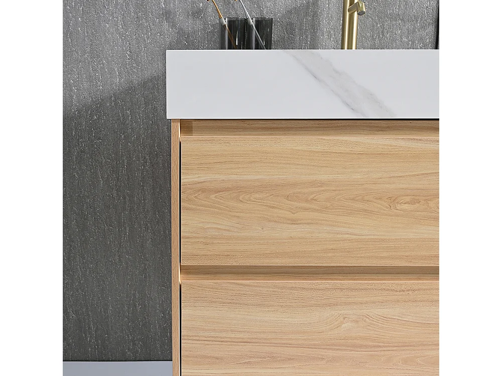 Meuble salle de bain double vasque 140cm bois naturel et effet marbre blanc avec miroir LED LB-8476C-140