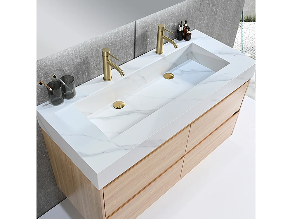 Meuble salle de bain double vasque 140cm bois naturel et effet marbre blanc avec miroir LED LB-8476C-140
