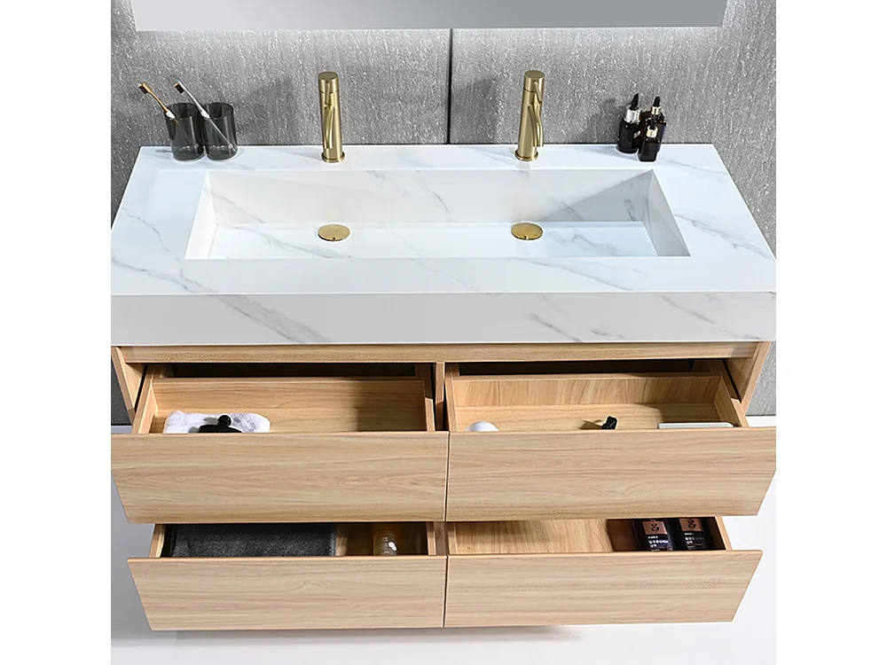 Meuble salle de bain double vasque 140cm bois naturel et effet marbre blanc avec miroir LED LB-8476C-140