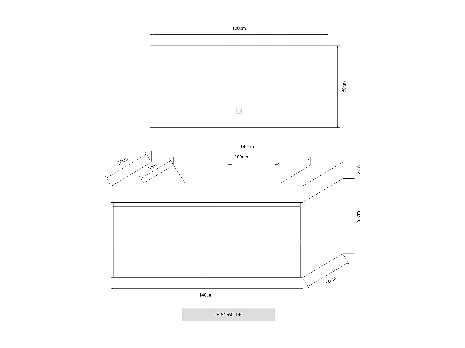 Meuble salle de bain double vasque 140cm bois naturel et effet marbre blanc avec miroir LED LB-8476C-140