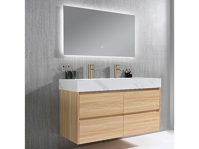 Meuble salle de bain double vasque 140cm bois naturel et effet marbre blanc avec miroir LED LB-8476C-140