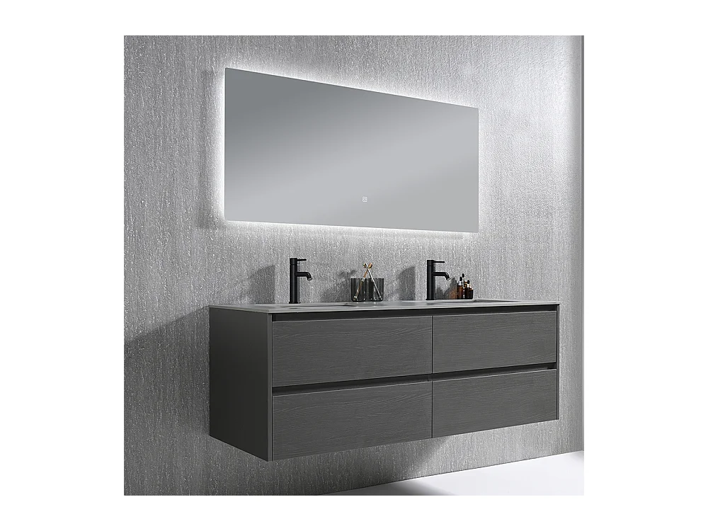 Meuble salle de bain double vasque 140cm gris et effet marbre gris avec miroir LED LB-8475G-140
