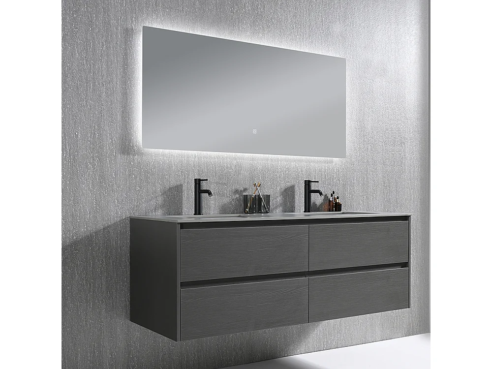 Meuble salle de bain double vasque 140cm gris et effet marbre gris avec miroir LED LB-8475G-140