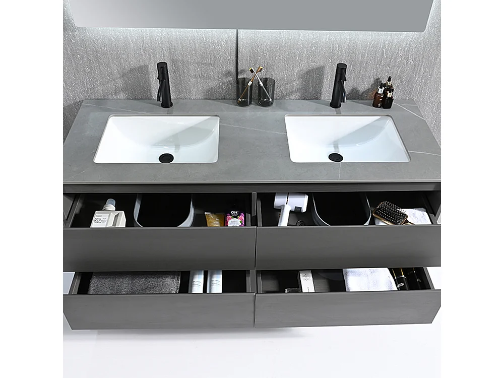 Meuble salle de bain double vasque 140cm gris et effet marbre gris avec miroir LED LB-8475G-140
