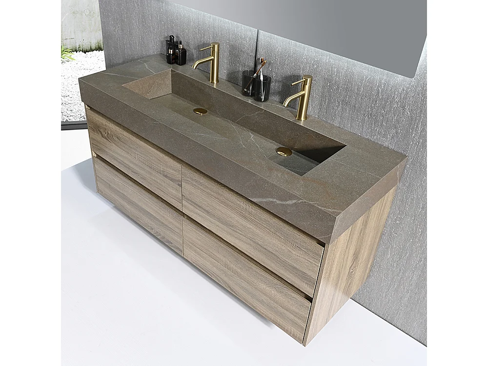 Meuble salle de bain double vasque 120cm bois et effet marbre marron avec miroir LED LB-8476M-120