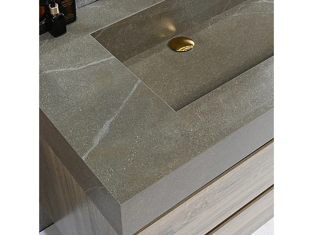 Meuble salle de bain double vasque 120cm bois et effet marbre marron avec miroir LED LB-8476M-120