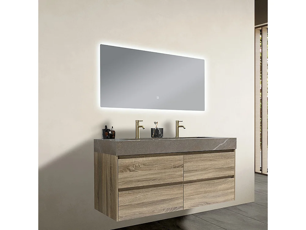 Meuble salle de bain double vasque 120cm bois et effet marbre marron avec miroir LED LB-8476M-120