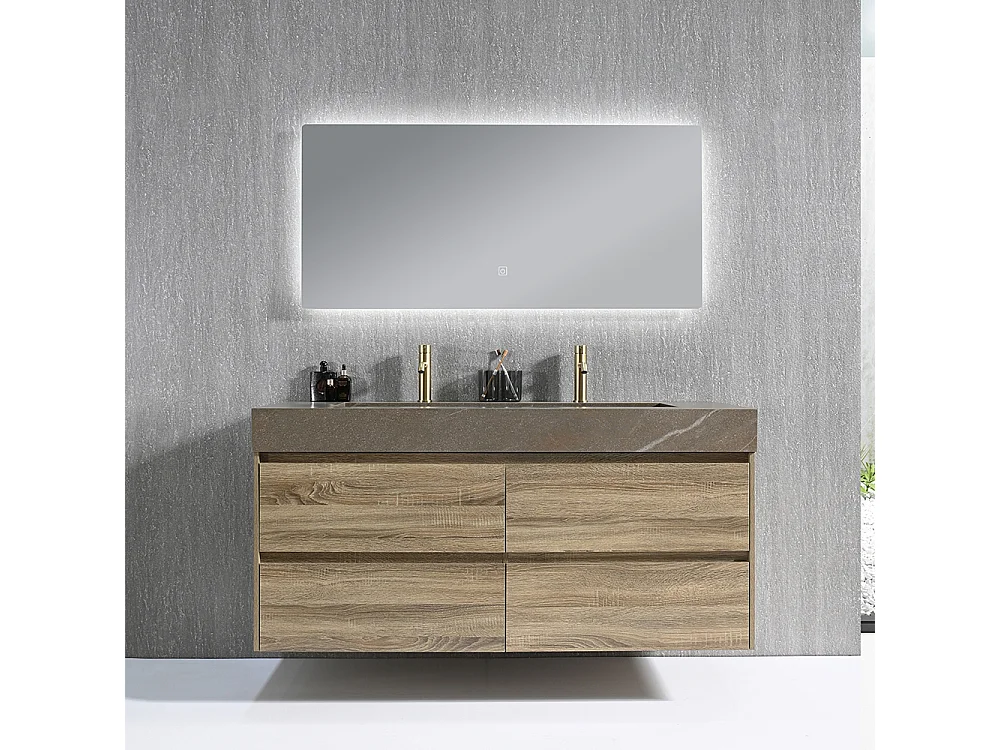 Meuble salle de bain double vasque 120cm bois et effet marbre marron avec miroir LED LB-8476M-120