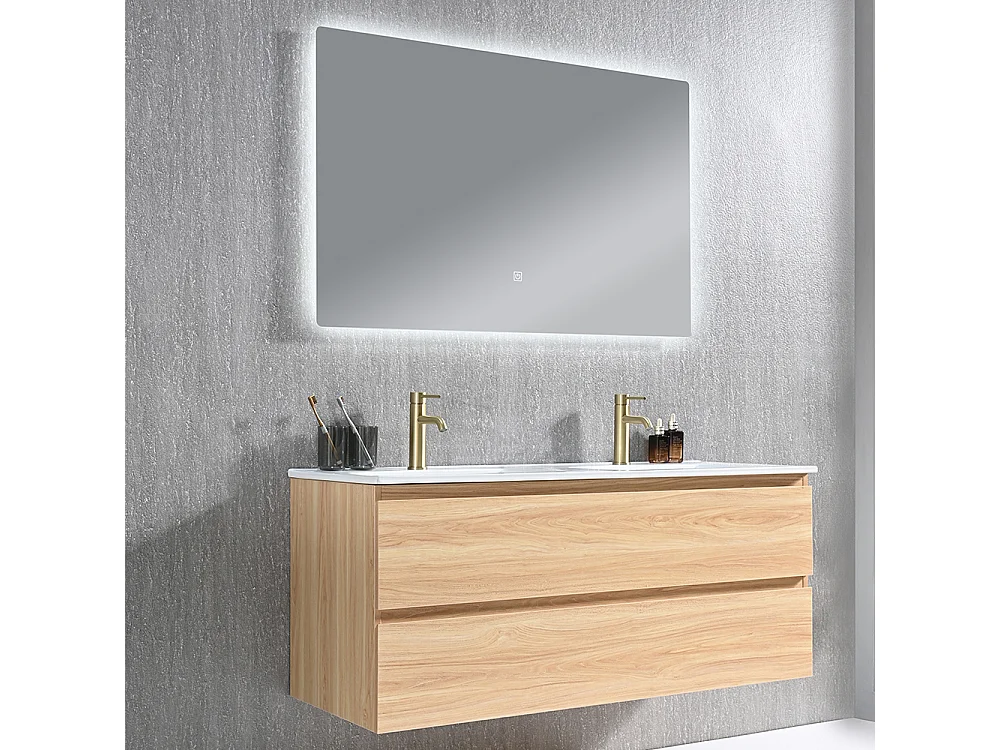 Meuble salle de bain double vasque 120cm bois naturel avec miroir LED LB-8331C